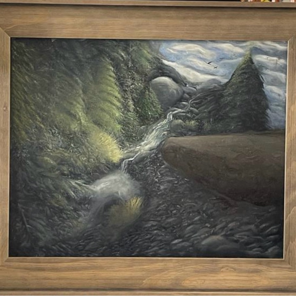 Rustic Landscape Painting with Wooden Frame
